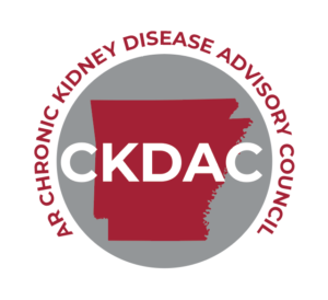 Arkansas Chronic Kidney Disease Advisory Council logo showing the title superimposed over a red graphic of the state of Arkansas